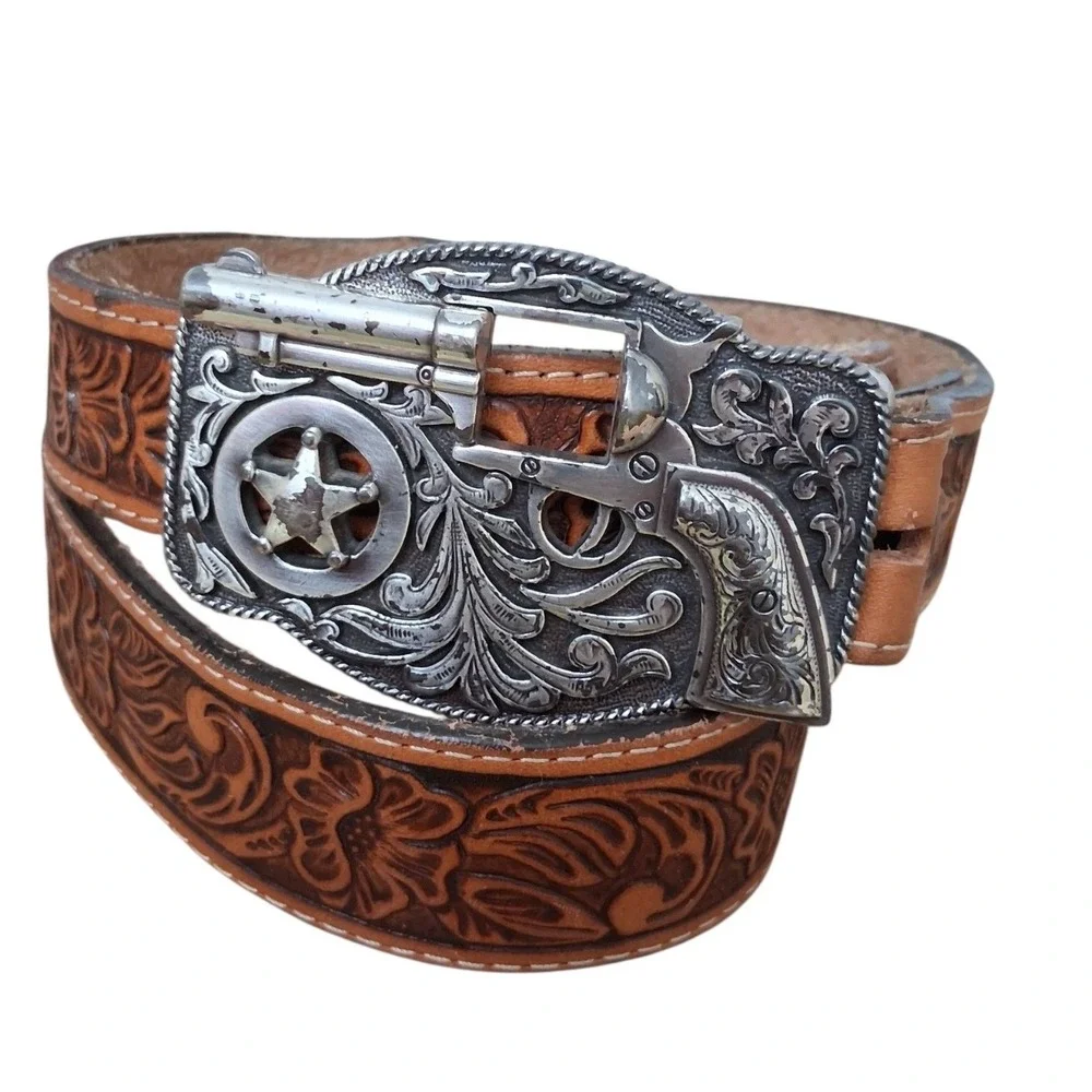 Justin Brown Tooled Leather Kids size 26 Little Trigger Western Belt & Buckle‎